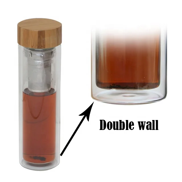 2023 hot selling double wall fruit tea infuser glass water bottle with rose gold metal cap bamboo lid