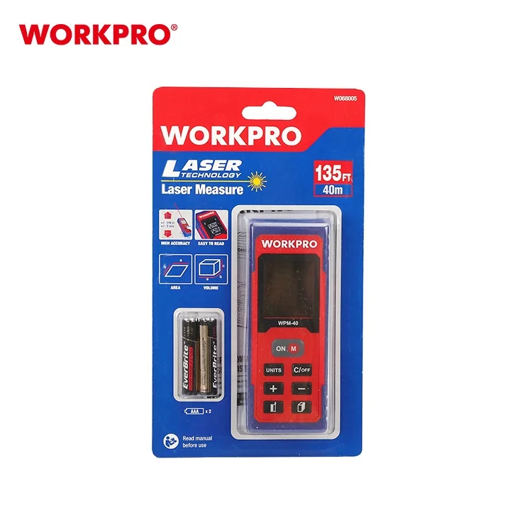 WORKPRO 135FT Digital Laser Distance Meter with Bubble Levels M/In/Ft Unit switching Back-lit LCD and Pythagorean Laser Tools