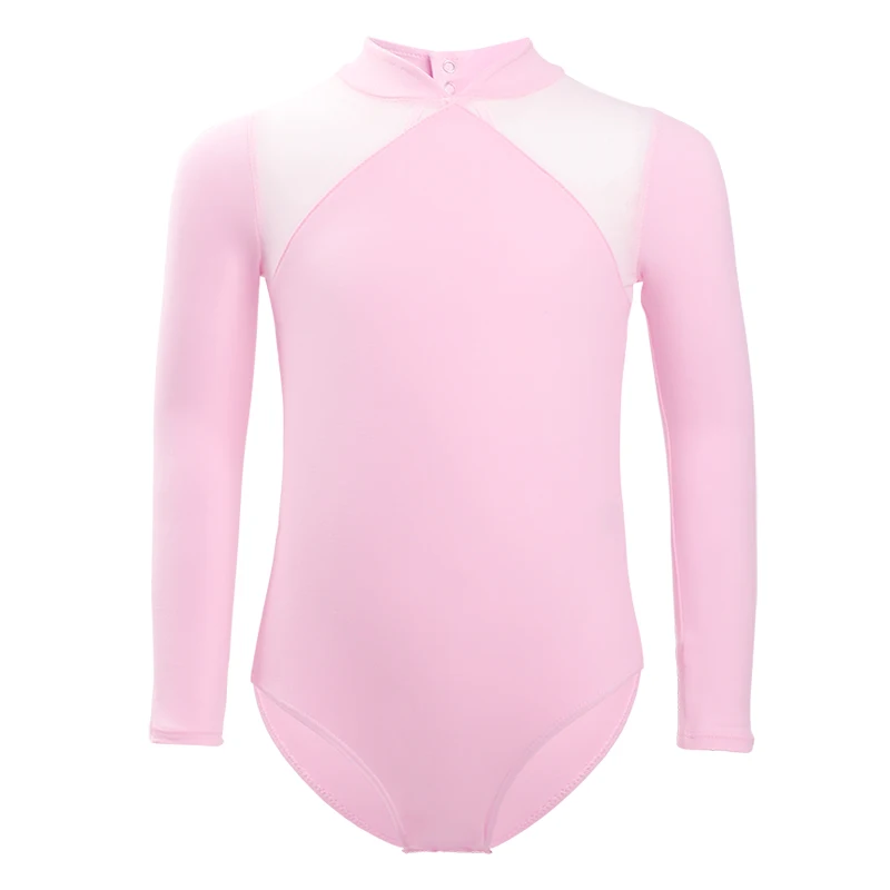 Girls Mesh Splice Gymnastics Ballet Leotards Children Stand Collar Long Sleeve Dance Bodysuit