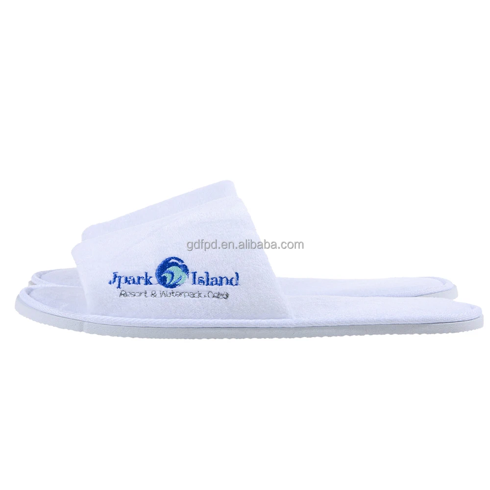 Indoor White Terry Open Toe Disposable Slippers 5mm Eva Sole with Label for Hotel Spa Airline