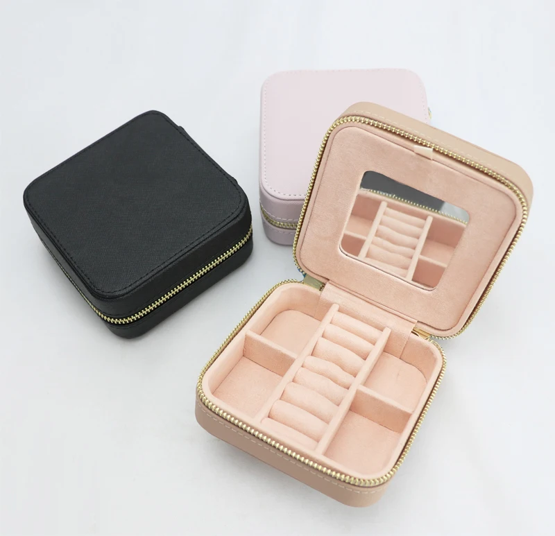 
Portable leather jewelry travel case organizer velvet jewelry box with mirror 