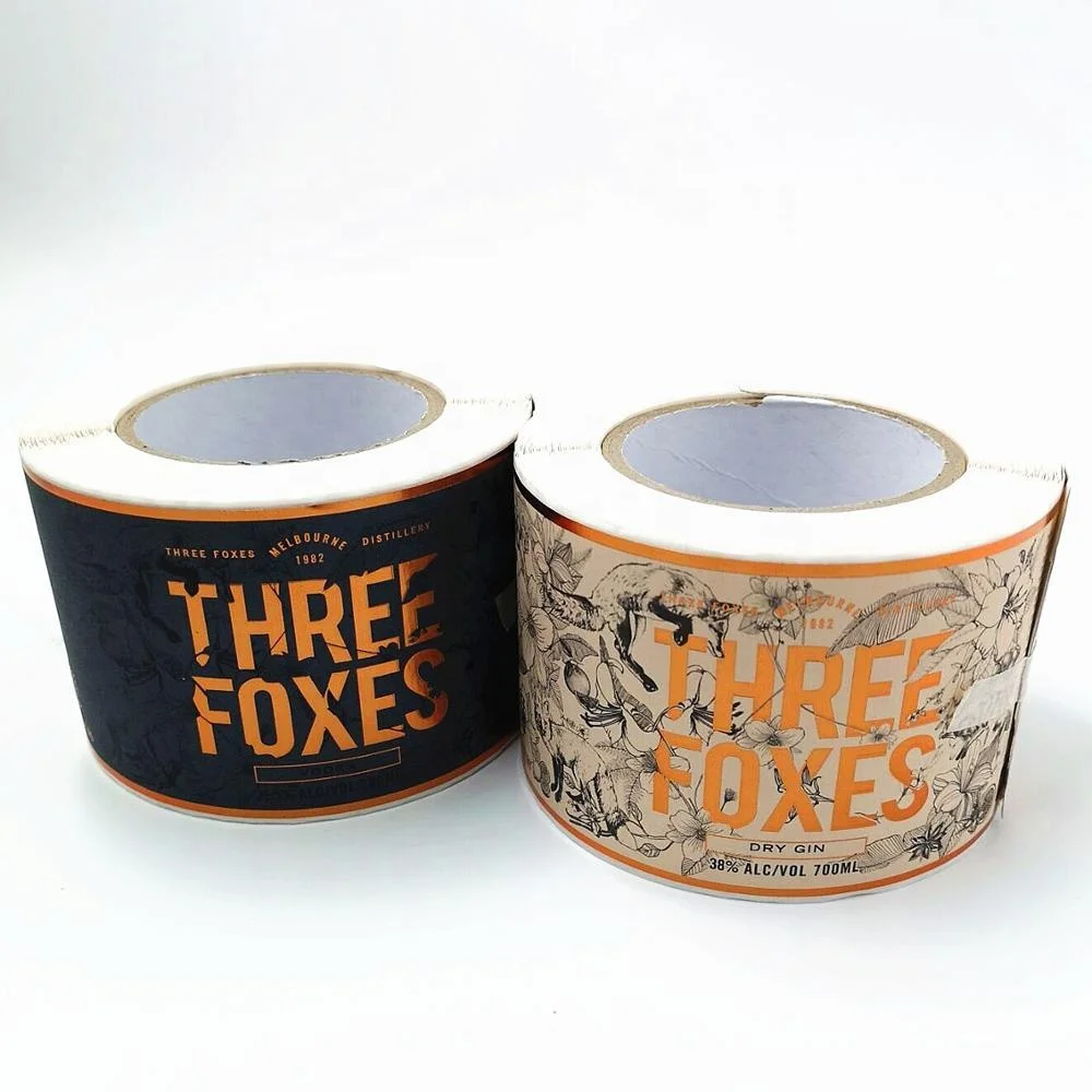Custom Made Arancita Vodka Three Foxes Dry Gin Gold and Copper Foil and Spot UV Dark Blue Bar Code Wine Labels