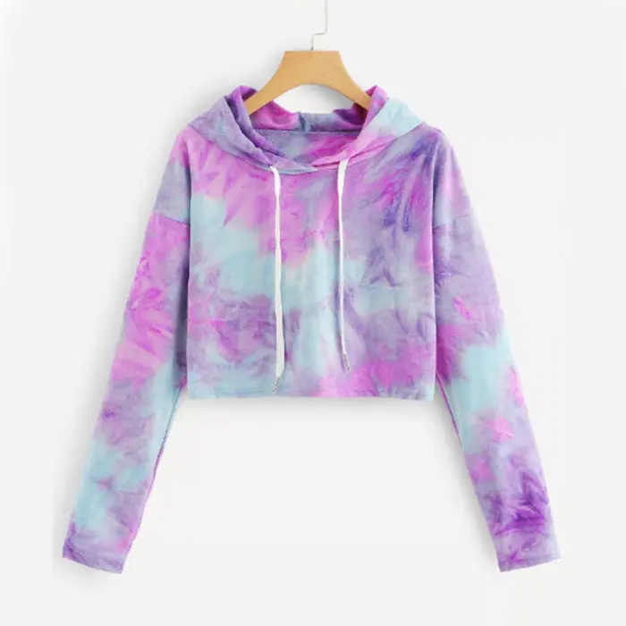 
Ladies Water Color Crop Hoodies Multi-color Casual Women Drawstring Hooded Sweatshirt Tie Dye Long Sleeve Hoodies 