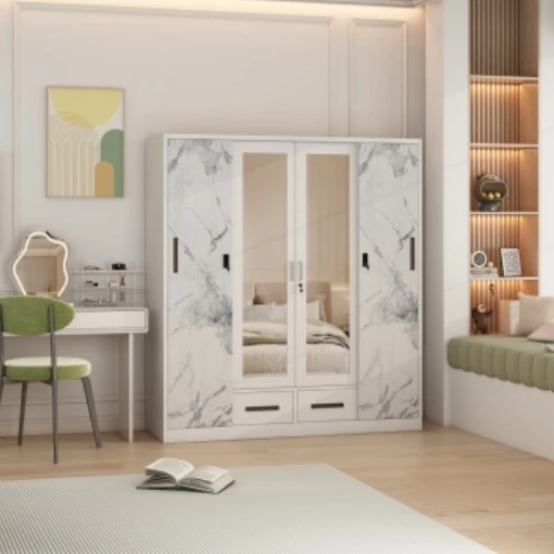 Modern 4-Door White Metal Wardrobe China Manufactured Steel Locker Bedroom Furniture Slide Swing Cupboard Steel Cupboard Cabinet