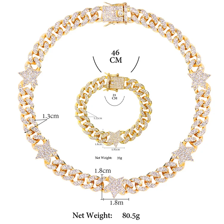 Fashion Icy Cuban Chain Star Charms Necklace Iced Out CZ Diamond Miami Cuban Link Chain Choker Necklace For Men