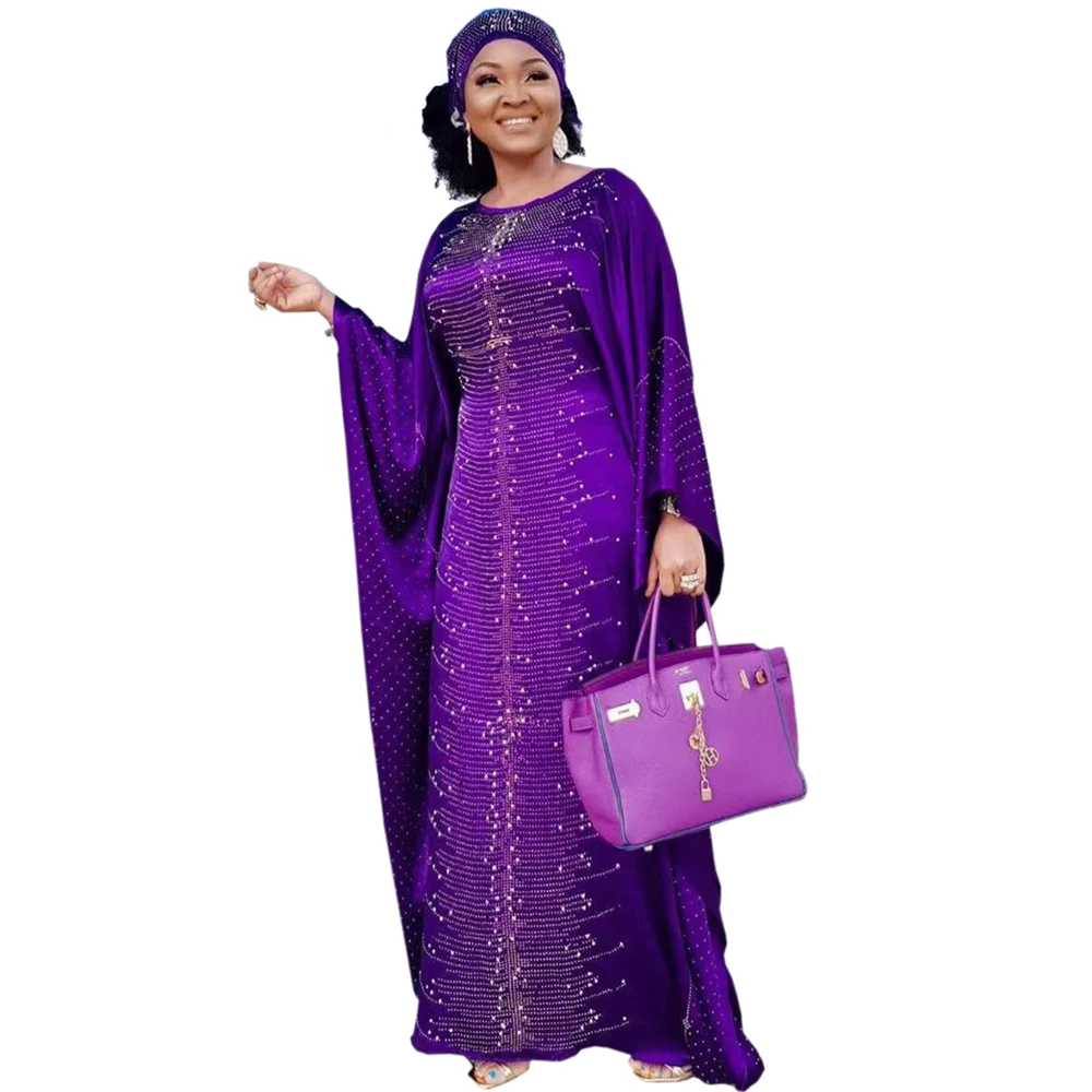 
Abaya African Women Heavy Rhinestone Beaded Silk Satin Crew Neck Wide Bat Sleeve Turban Dress Robe 