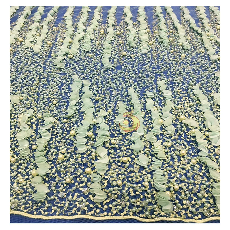 high quality 3d green lace fabric embroidery handmade beads african tulle lace