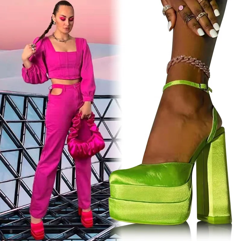 High Quality Satin Wedding Shoes High Heel Silver Popular Buckle Belt High Platform Shoes for Women