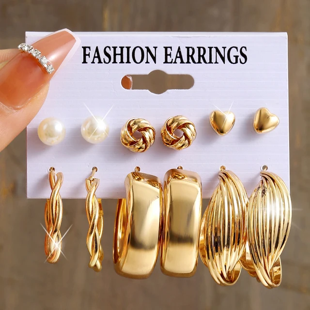 5 Pairs/Set Vintage Pearl Dangle Earring Set Metal Gold Color Hoop Earrings for Women Twist Circle Earrings Hollow Jewelry