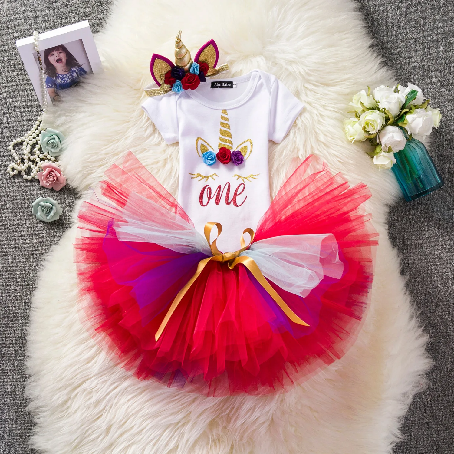 Wholesale Flower 1st First Birthday Outfit Boutique Unicorn Tutu Dress 1 Year Baby Girl Birthday Dresses with Headband 3pcs