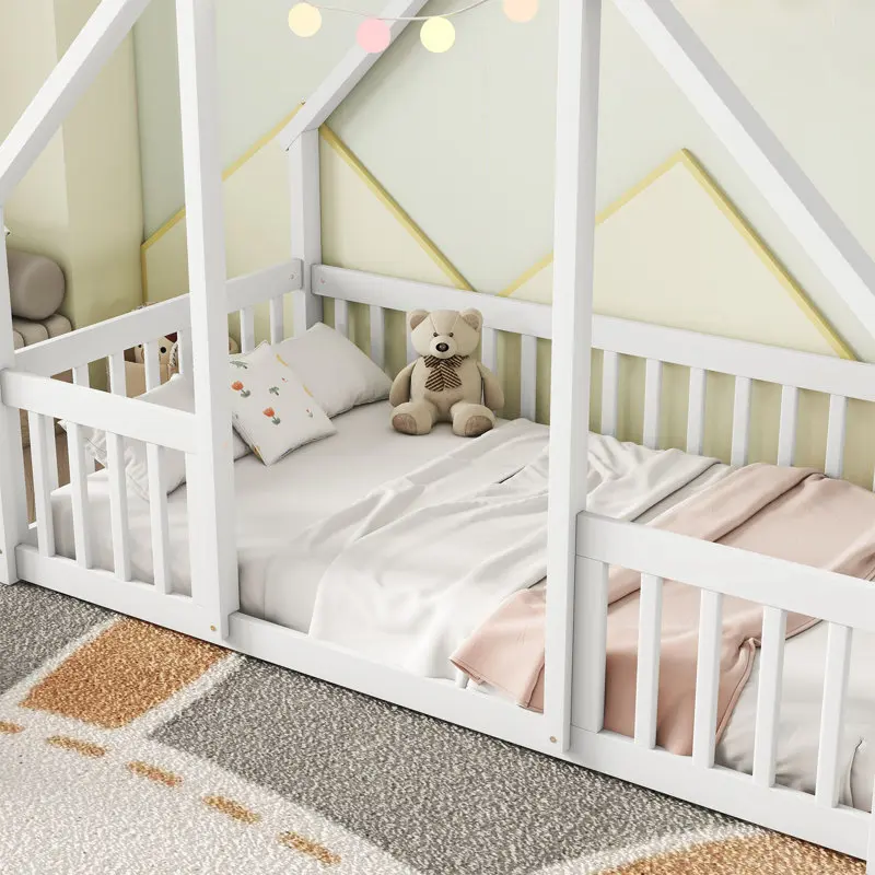Bedroom Baby Bed House Shape Montessori Toddler Bed Natural Pine Wood Kids Bed Frame with Fun Door Safe Play Sleep Space for
