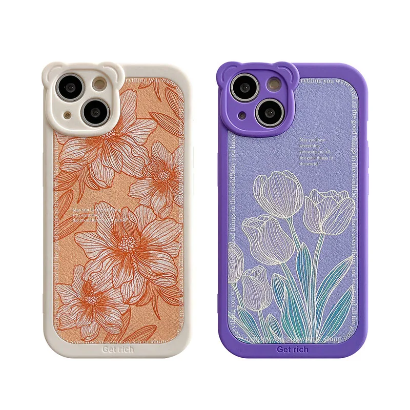 Cute Little Bear Camera Lens Protection Relief Tulips Flower Phone Case Cover For iPhone 13 12 11 Pro Max