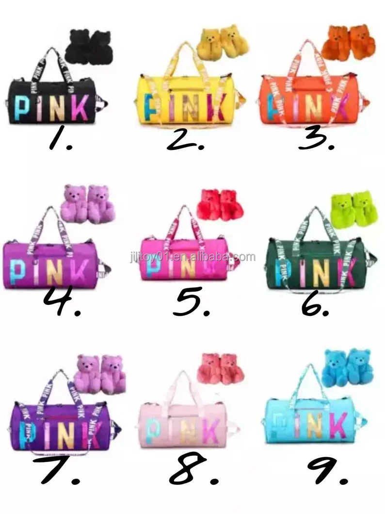 wholesale kids teddy bear slippers plush set and pink bag custom for women girls