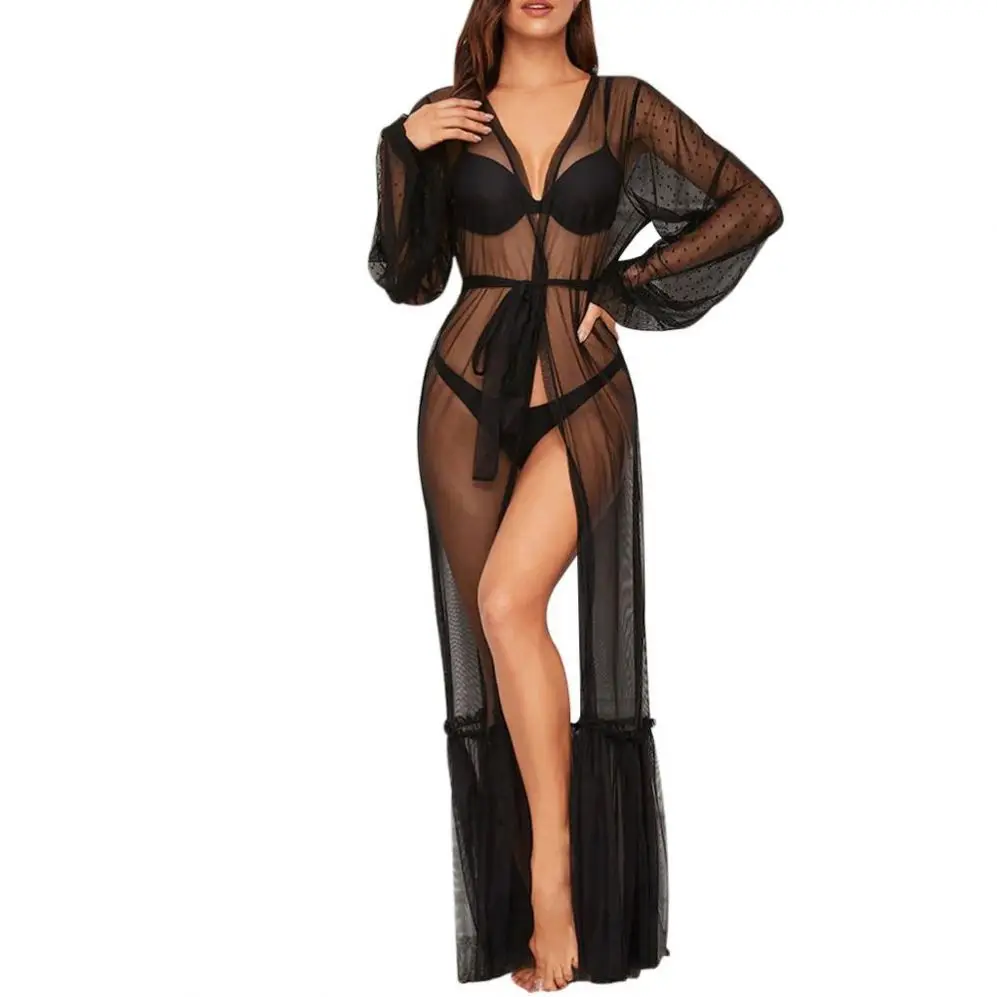 
Chinese Manufacture Sexy Long Lace Dress Sheer Gown See Through Kimono Robe Ladies V Neck For Women Sleepwear Lingerie 