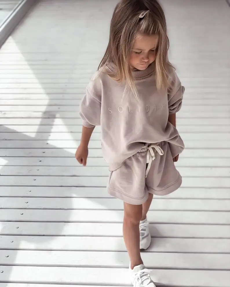 wholesale fashion summer outfits with shorts tracksuit set cotton kids two piece sweatshirts and shorts for children