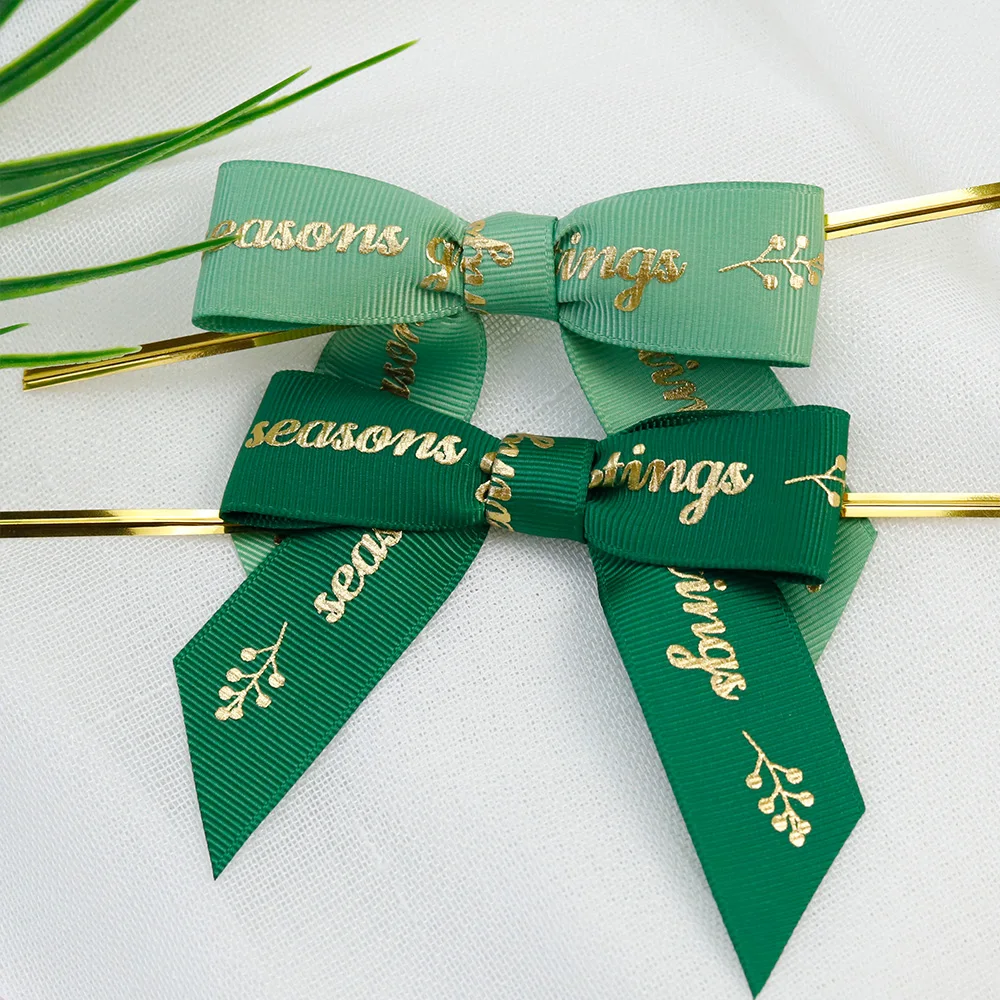 Hot sale pre tied printing shiny logo ribbon bow for gift wrap