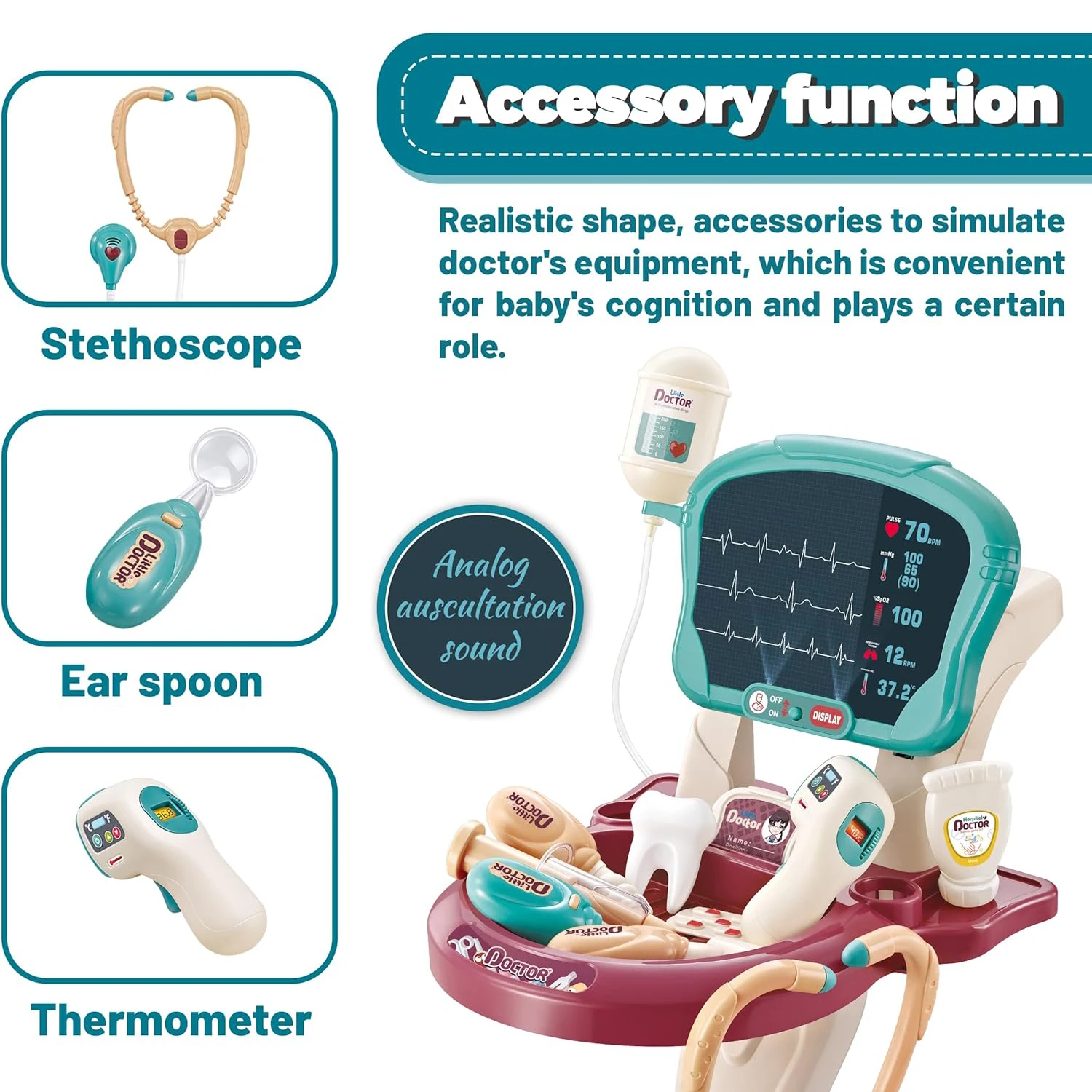 Doctor Set Pretend Play Educational Toys for Kids Dentist Vet Medical Mobile Cart with Sound Light Xray Stethoscope