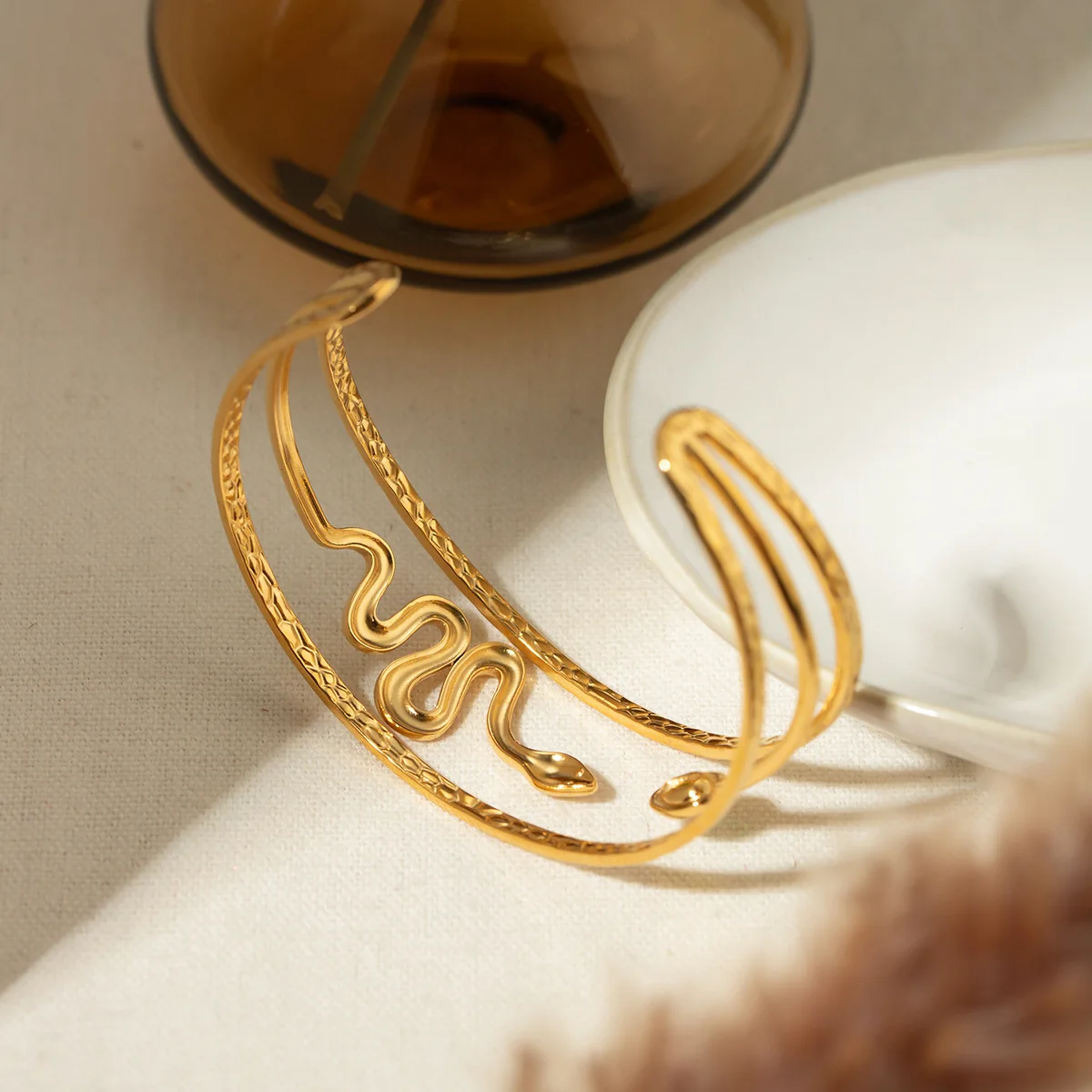 New 18K Gold Stainless Steel Bracelet Inoxydable Wavy Double-Headed Snake Open Bracelet Bangle