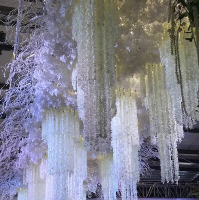 
1&2m wholesale white flower silk artificial hanging wisteria for wedding ceiling deco 