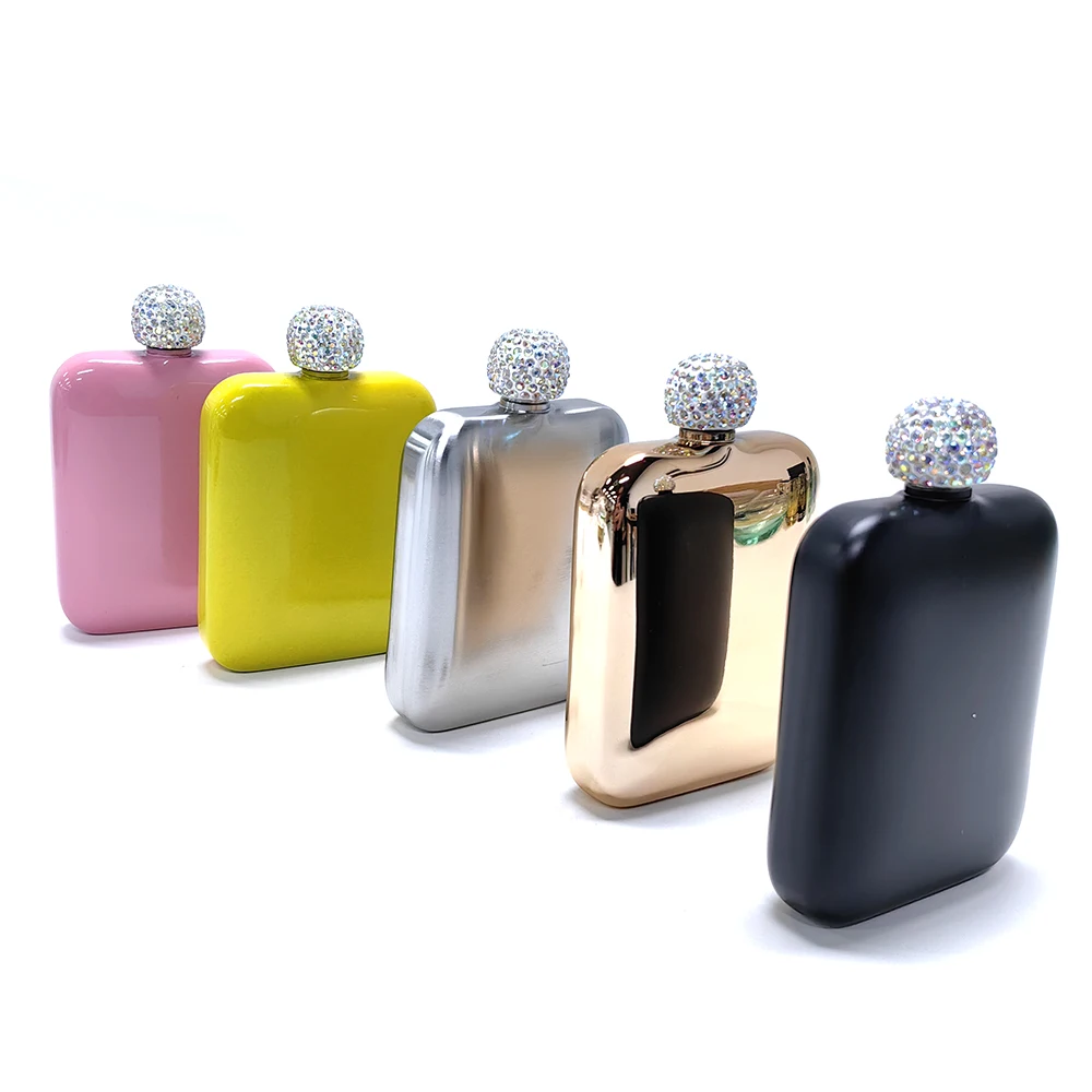 Mini Colorful 6oz Liquor Hip Flasks Stainless Steel Flagon with Rhinestone Lid for Women