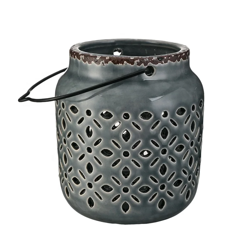 EAGLEGIFTS Custom Design Vintage Rustic Hollow Ceramic Candle Lantern Nordic Small Pottery Container Candle Holders Decorative