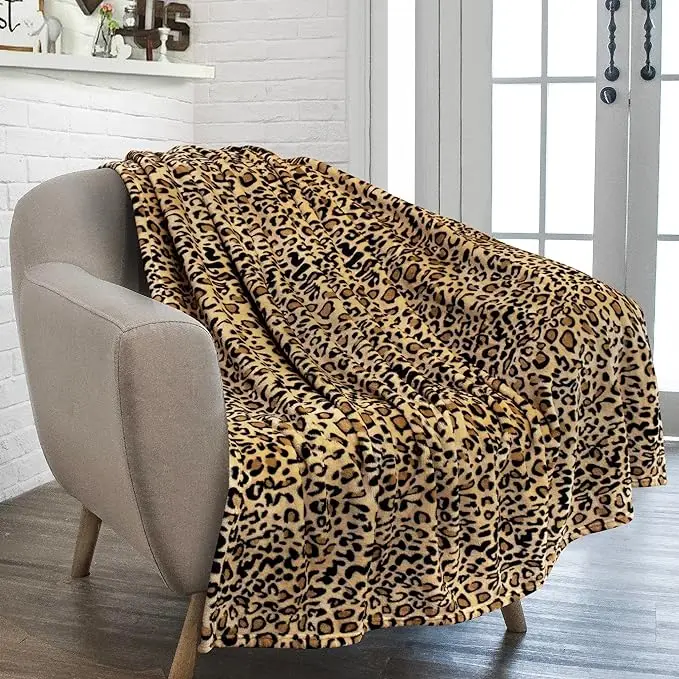 Leopard Print Blanket Fleece Throw Blanket for Bed Sofa Travel and Camping Soft Cozy Fluffy Plush Blanket 50 by 60inch