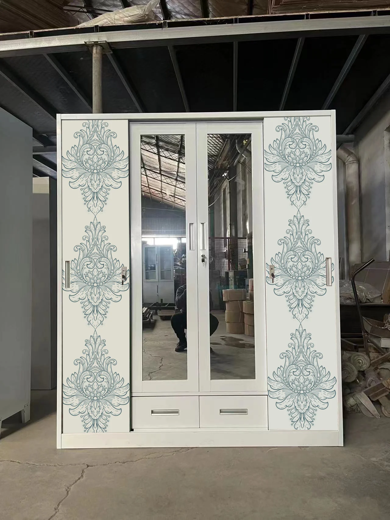 Folding clothes wardrobe with mirror for home furniture Cheap Price Pattern Printing sliding Almirah wardrobe