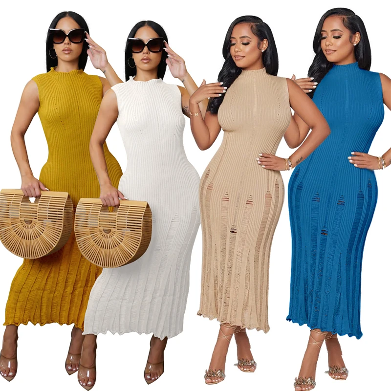 2024 summer luxury women ladies modest chic elegant fashion beach wear casual knit jersey sleeveless maxi long dress for women