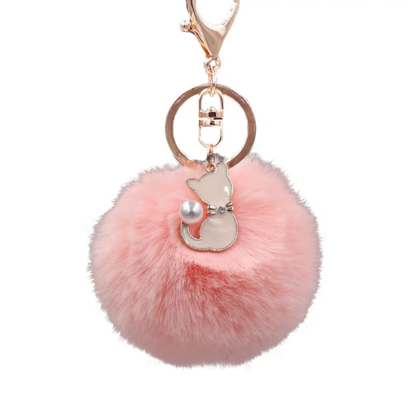 Cute Pink Cat Fur Keychain Fake Fur Ball Key Chain Fluffy Pompon Keyring Bag Charms Key Ring Llaveros Chaveiros