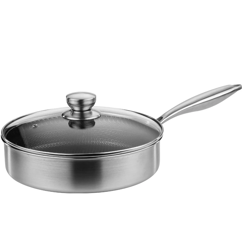 
SSGP Kitchen Fry 3 Ply Stainless Steel Frying Pans Round Bottom Wok Honeycomb Pan With Lid 