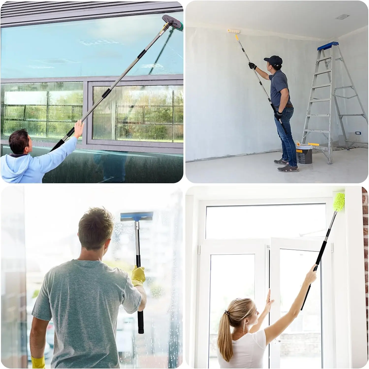 Qiyun Strong Heavy Duty Adjustable Aluminum Extension Handle Telescopic Pole with Threaded Tip Fit for Brush Broom Mops
