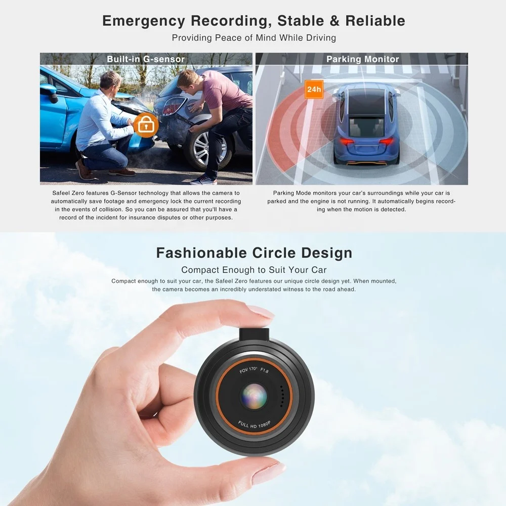 Автомобильный видеорегистратор ThiEYE Safeel Zero, экран 1,5 дюйма, широкий угол обзора 170 градусов, G-датчик, циклическая запись, WDR, ночное видение, FHD 1080P
