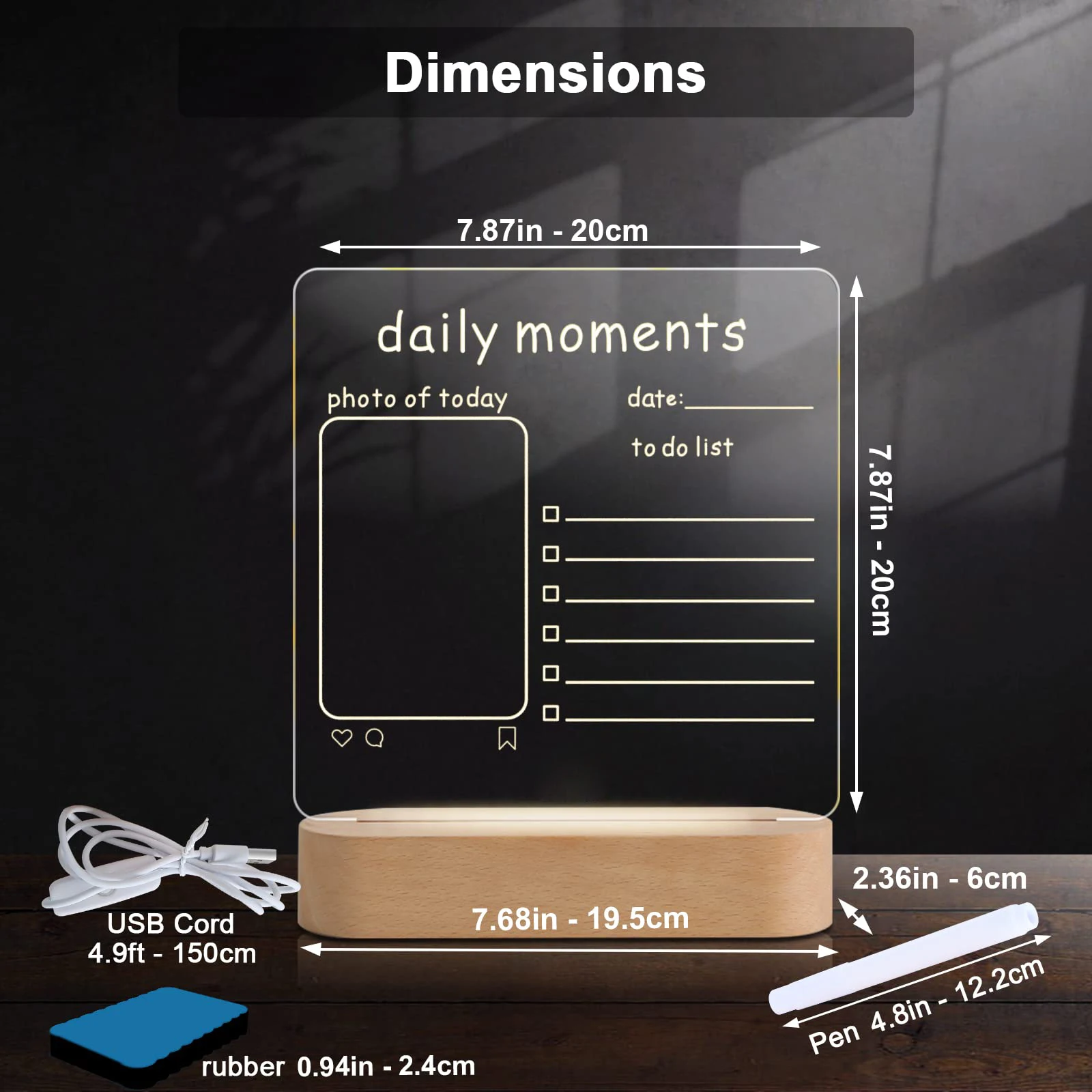 LED acrylic writing dry erase board 3D DIY Round Wooden Base lamp Night Light with Erasable pen