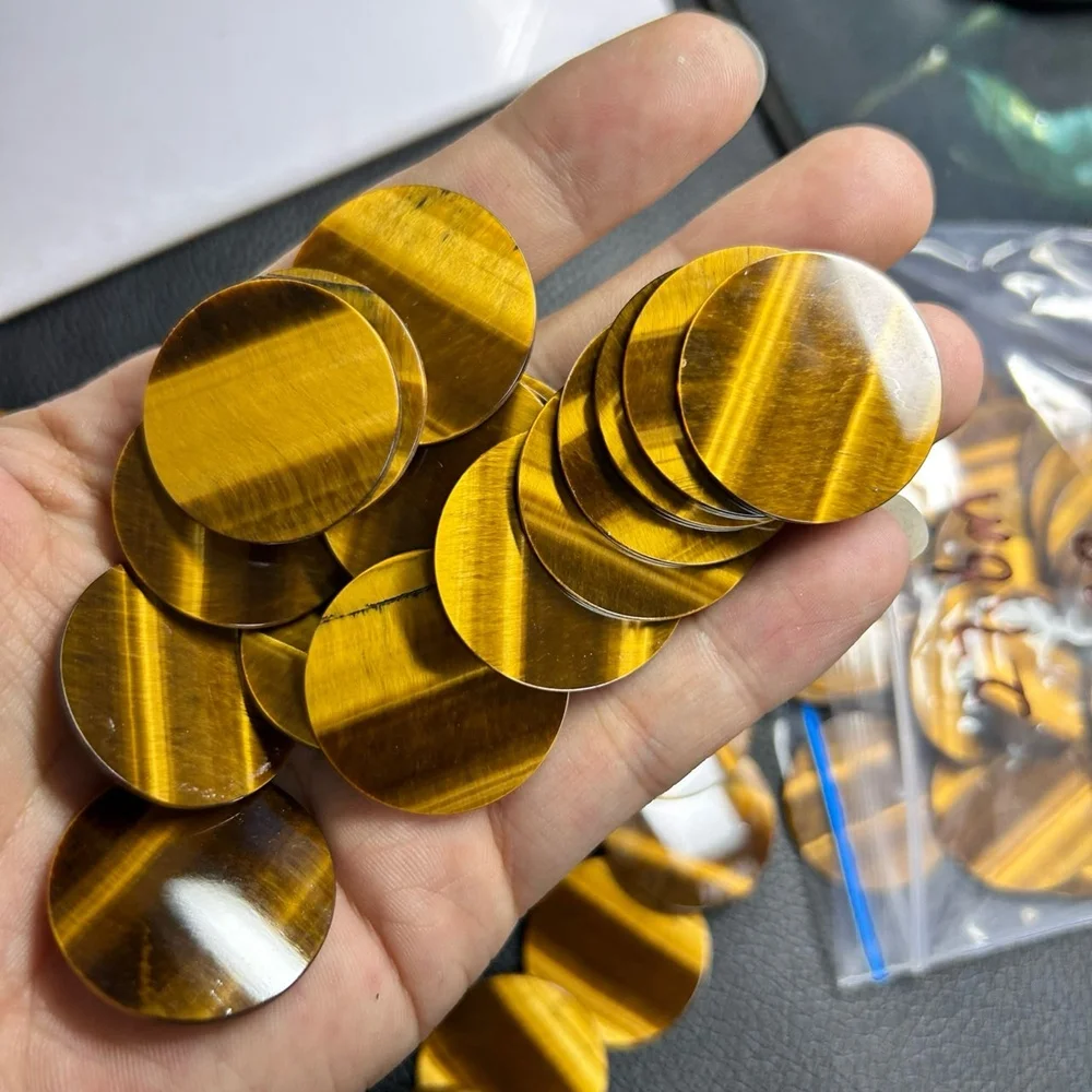 high quality hand made Round Flat 20mm Yellow Natural Tiger Eye Gemstones for Jewelry Pendant making famous brand accessories