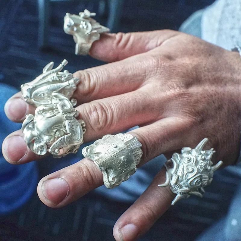 Sanxingdui Retro Solid 925 Sterling Silver Ancient Chinese Civilization Vintage Mythical Creatures Large Statement Ring For Men