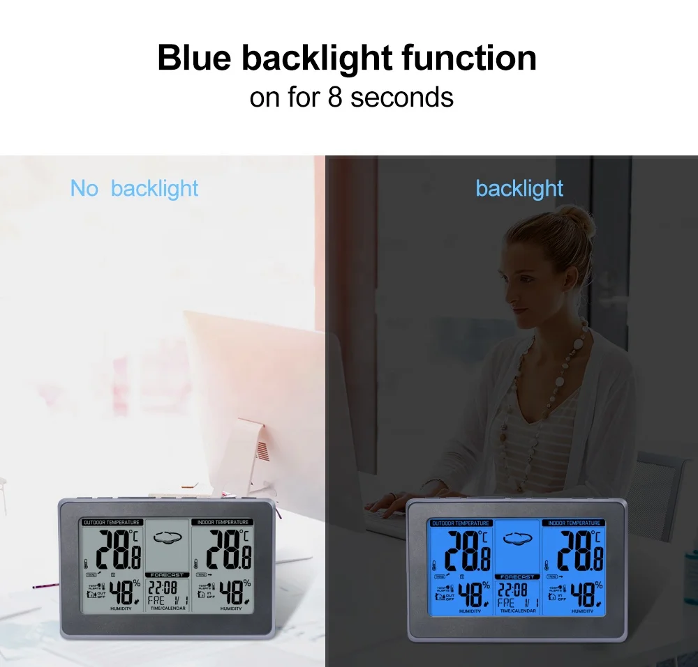 LCD Digital Clock Indoor Outdoor Temperature Color Weather Station with Outdoor Sensor Wireless RF 433