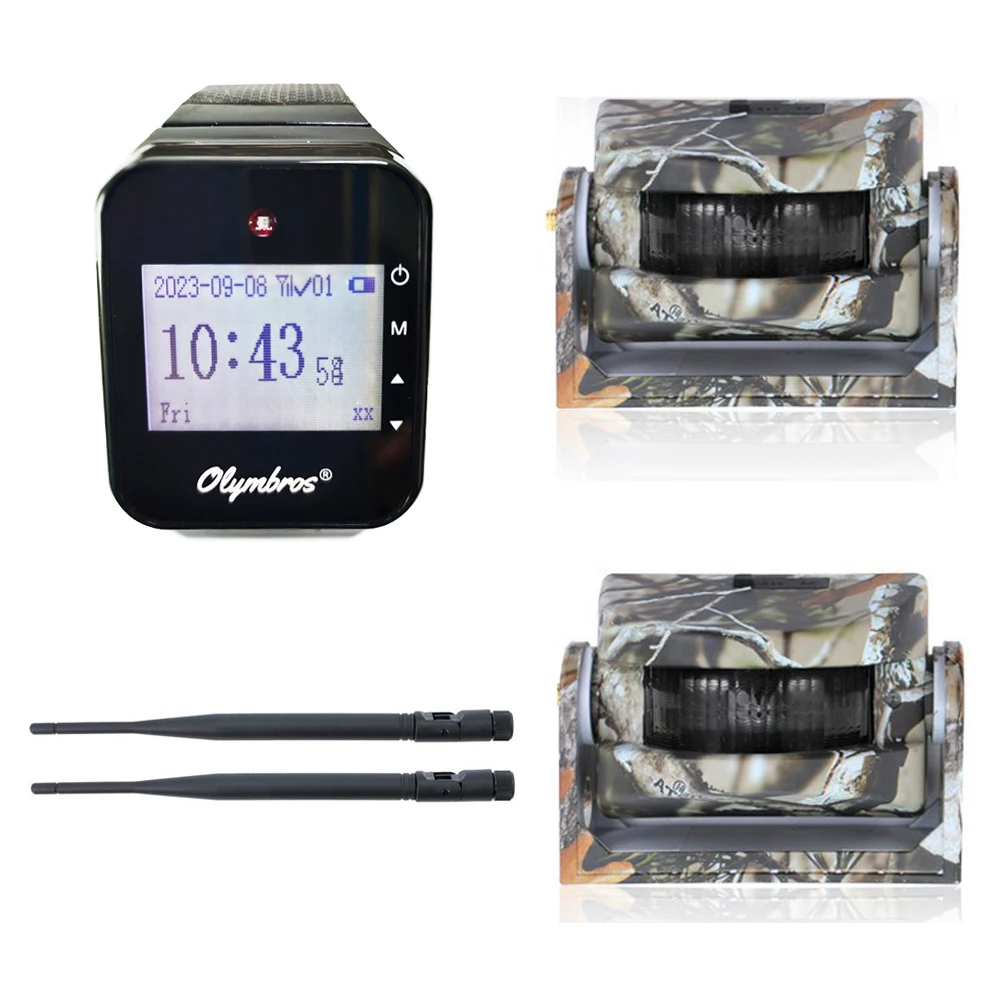 Olymbros Wireless Outdoor PIR Sensor Hunting Alarm System Motion Detector with 1 Receiver Watch and 2 PIR Sensors