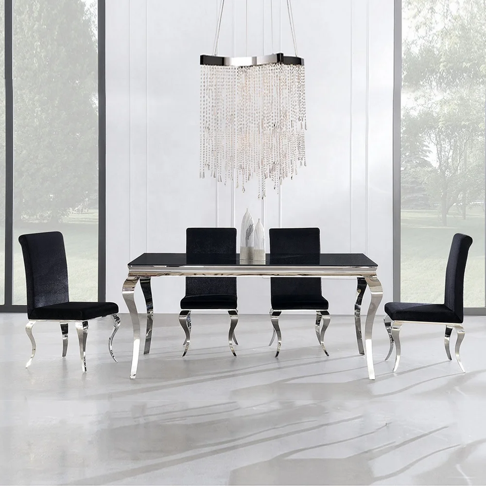 Роскошная мебель, столовая на 6 мест, семейный стол и стул, современный обеденный стол с ножками из нержавеющей стали и черным стеклом