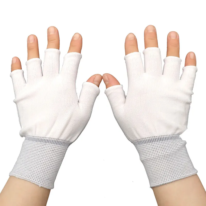 Factory Hot Sale Inspection Fingerless Nylon Half Finger Guantes Polyester Hands White Working Industrial Gloves