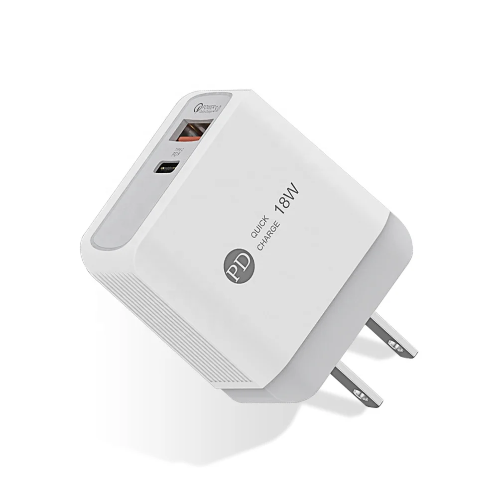 PD Wall Charger Dual Port USB Type C and USB A ports Travel AC Adapter 18W Mobile Phone Fast Wall Charger  USB-C Power Adapter