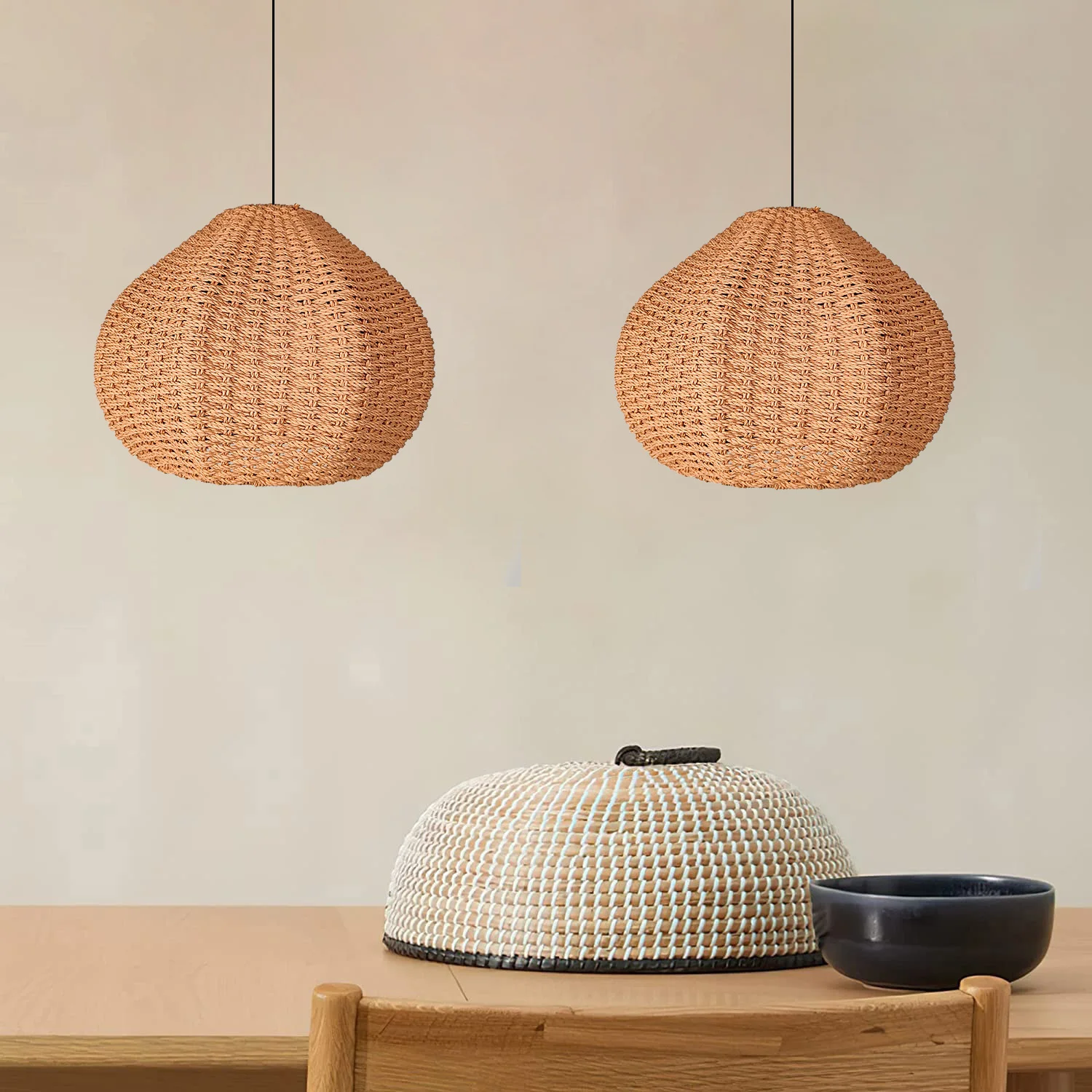 New Nordic Design Indoor Rattan Wicker Paper String Lamp Shade For Dining Table Chandeliers