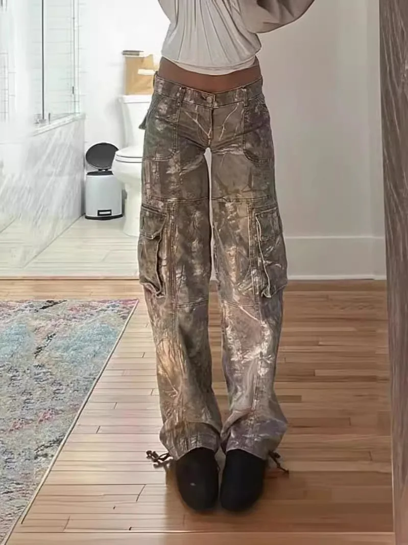 Charm 2025 Hot Sale Autumn Overalls Girls Camouflage Pants Straight Loose Low Rise Pockets Jeans For Women