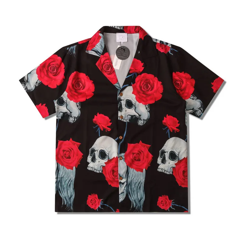 Custom OEM Logo Skull Rose Hawaiian Shirts for Men Buttons Up Printed Plus Size Streetwear Tops