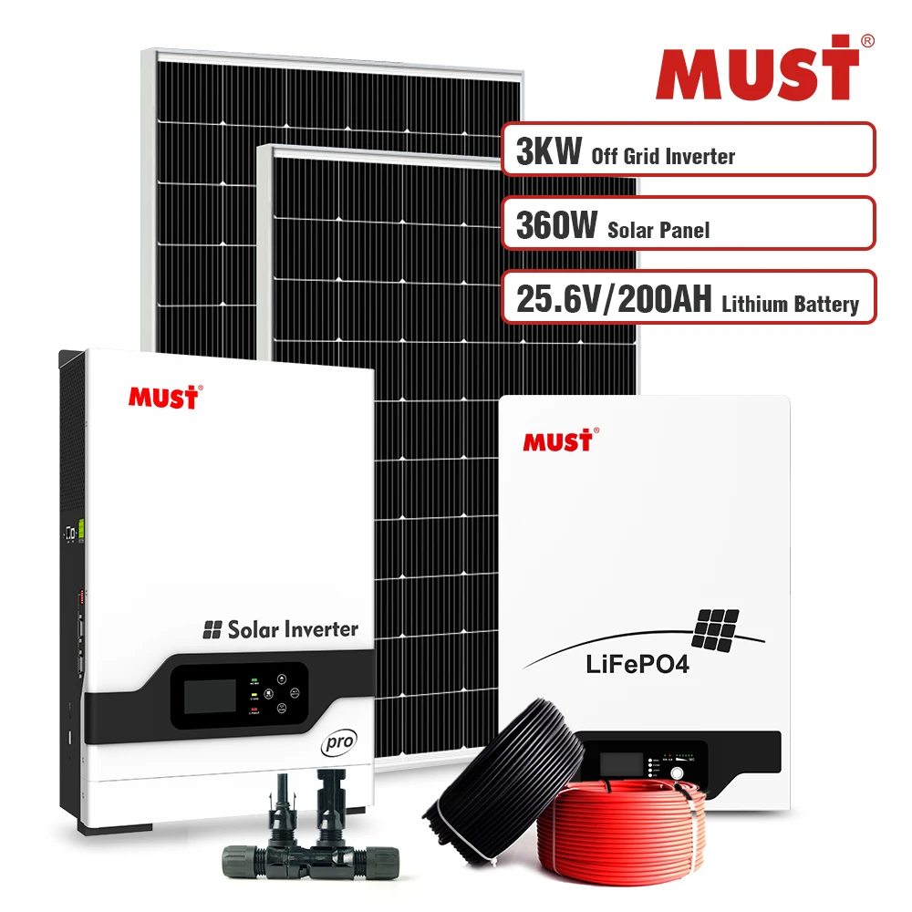 MUST PV18 pro 3024 3000w 24v solar inverter with solar battery panel system lithium ion battery 100ah 200ah 500w panel