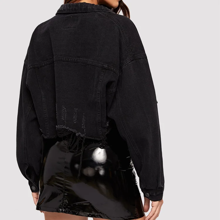 Wholesale damage denim jackets washed blue frayed cropped denim jacket long sleeve denim women jacket