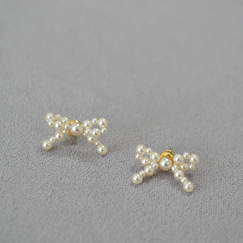 Japan Style 925 Sterling Silver Needle Pearl Bow Stud Earrings Finger Pearl Rings