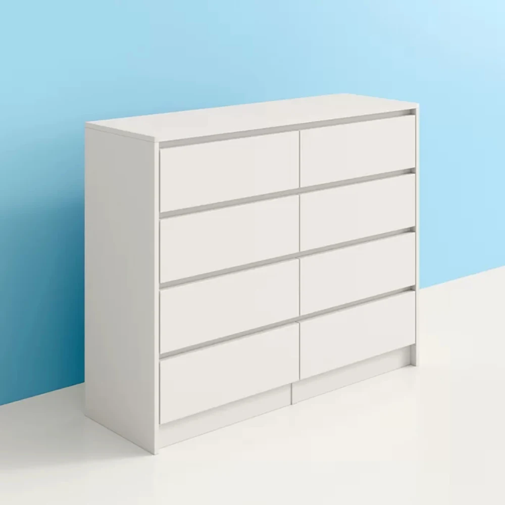 Chest of Drawers Factory New China Design Gloss Finish White 8 Drawer Storage Stainless Steel Laminated Board Metal Slide 32.6kg