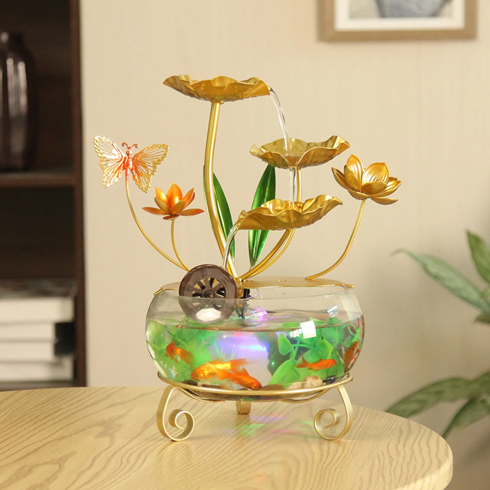 CHENYISHI Lotus Leaf Tabletop Water Fountain with LED Lighting Fish Tank Butterfly Decoration and Cascading Water Flow Decor