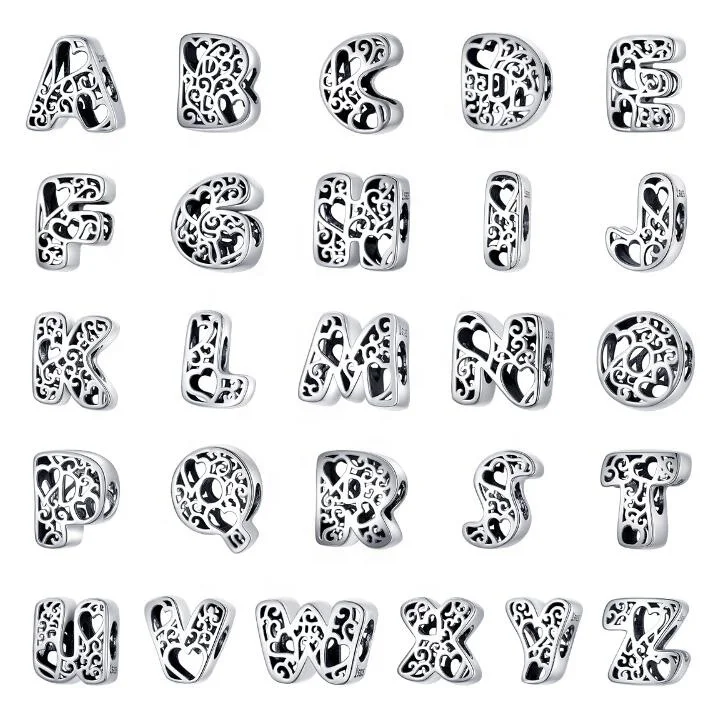 Wholesale Letter Alphabet Metal Beads for Silver 925 Bracelet Heart Pattern sterling silver bulk charms for jewelry making