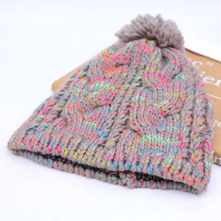 winter warm thick women beanie hat confetti flecked mix color yarn acrylic custom cable knit beanies with pom pom
